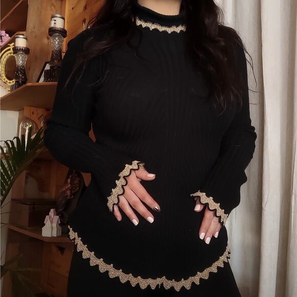 Tsumori Chisato turtleneck sweater Black gold trim vintage unique metallic M - Picture 1 of 6